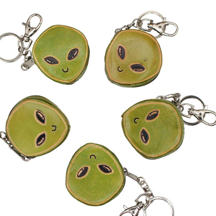 leather Alien mini coin purse key chain bag charm for wholesale by Sunflower Handmade leather inc
