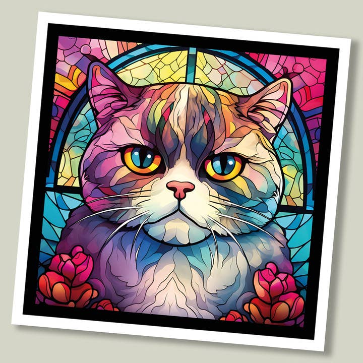 Carte de vœux pour chat « Stained Glass » - Scottish Fold pour la vente par Footle Publishing