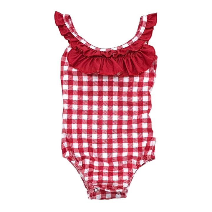 Sugar Bee Clothing - Wholesale One Piece Swimsuit - Kids - Girls Swimsuit - Bow Back - Red Gingham