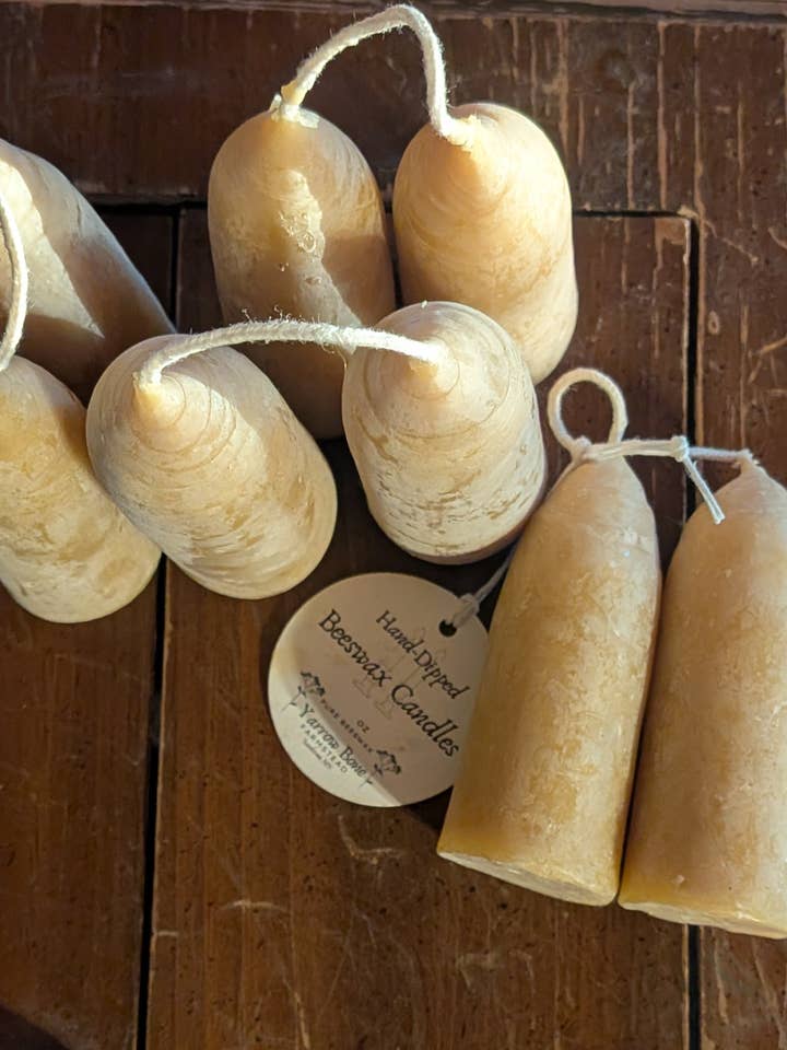 Beeswax Stubby Candles, Pair, British Style, Hand-dipped for wholesale by Yarrow Bone Farmstead