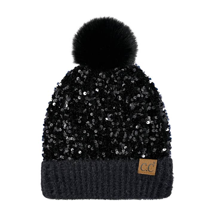 Funky Junque - Wholesale Beanie - Women's - Sequin Pom Beanie - Chunky Sequin - Black2