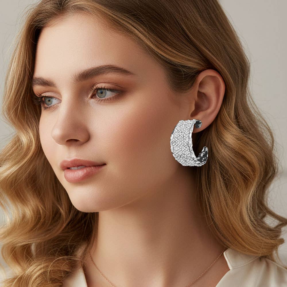 Sensibling Corp. - Wholesale Hoop Earrings - Bold Wide Rhinestone Paved Textured Metal Hoop Earrings3