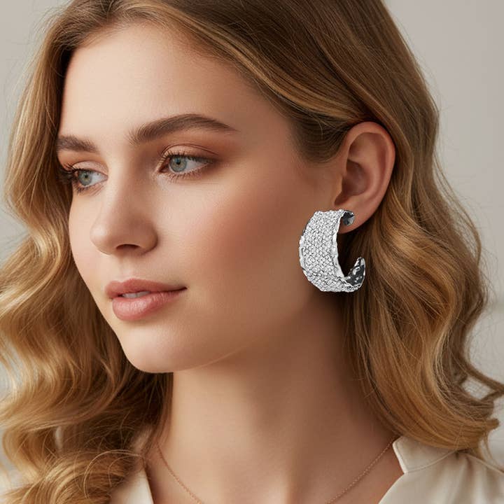 Sensibling Corp. - Wholesale Hoop Earrings - Bold Wide Rhinestone Paved Textured Metal Hoop Earrings3