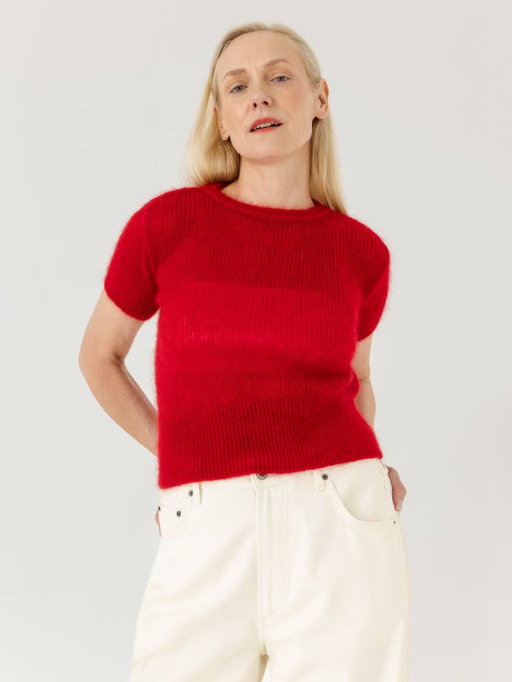 Lašas: Poppy Red Mohair & Silk Top for wholesale by The Knotty Ones (US Duties Paid)