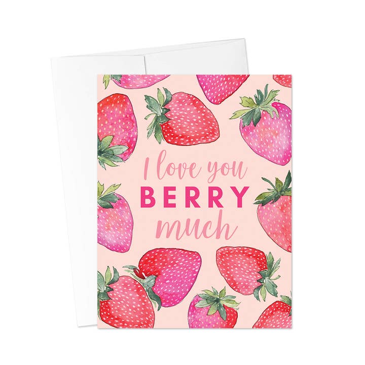 Tarjeta de felicitación con texto en inglés «I Love You Berry Much», color fresa para venta al por mayor de KelseyMDesigns