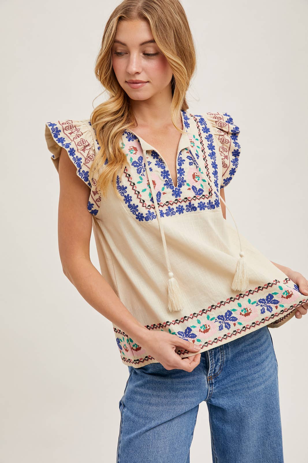 Bluivy - Wholesale Top - Maternity - BOHO EMBROIDERED RUFFLED SLEEVE DRAWSTRING TOP14