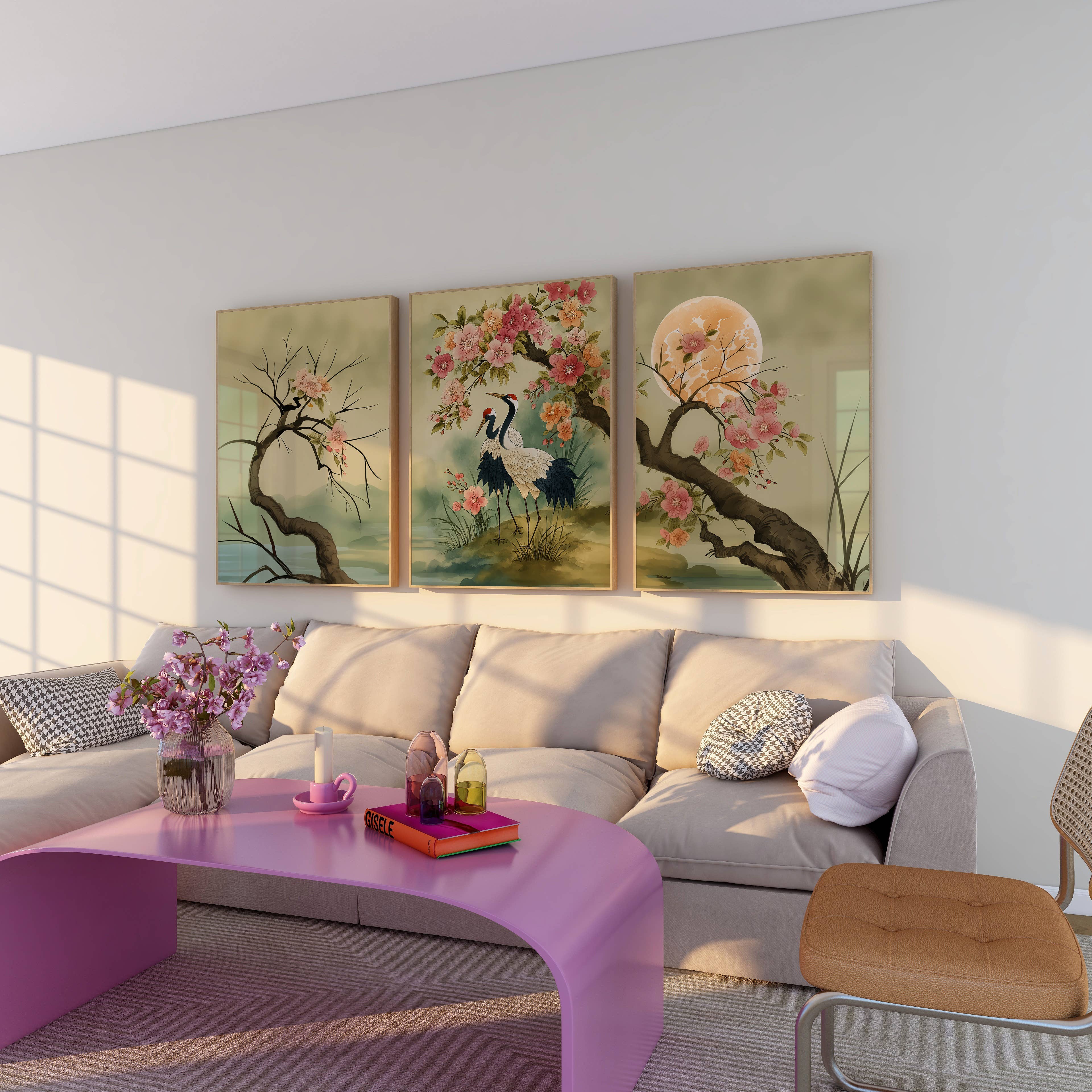 IuliiaArtPrints – wholesale Art print – Red-Crowned Cranes – Japanese Cherry Blossom Triptych Print5