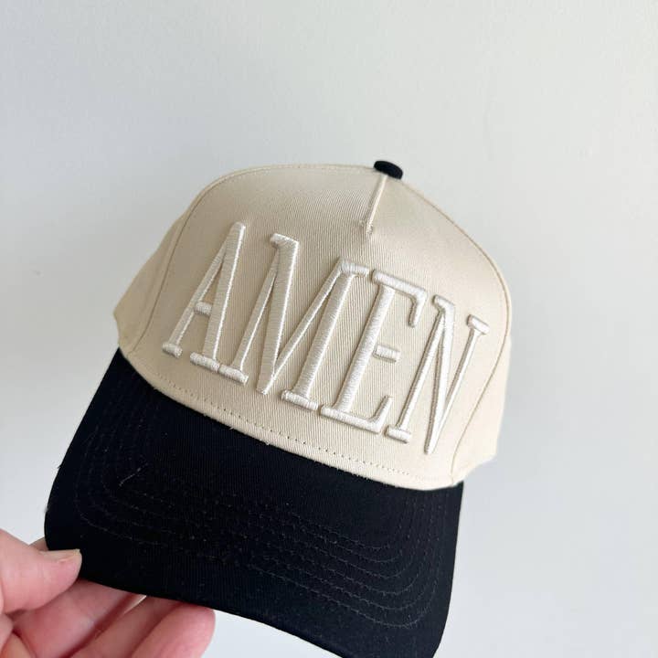 Casquette de camionneur vintage brodée monochrome AMEN pour la vente par Swain Co. Embroidery & Press