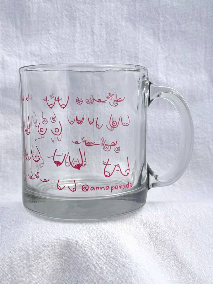 Tiddies! 15-ounce glass coffee or tea mug for wholesale by Anna Parade