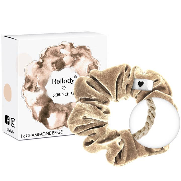Velvet scrunchie beige - Bellody® (1 piece - champagne beige) for wholesale by Bellody GmbH