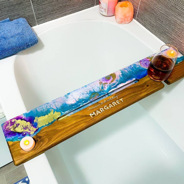 Bandeja de baño, bandeja de baño personalizada, bandeja de bañera con soporte para vino y tableta, regalos de Navidad, bandeja de bañera, regalo para ella, baño. para venta al por mayor de Rishstudio