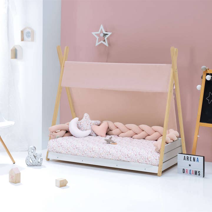Montessori bed wood 90x200 cm with pink textile · Homy Life XL for wholesale by Alondra Baby