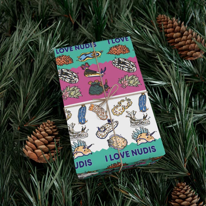 I LOVE NUDIS – wholesale Wrapping paper roll – I LOVE NUDIS™ Colorful Nudibranch Collage Recycled Gift Wrapping Paper5