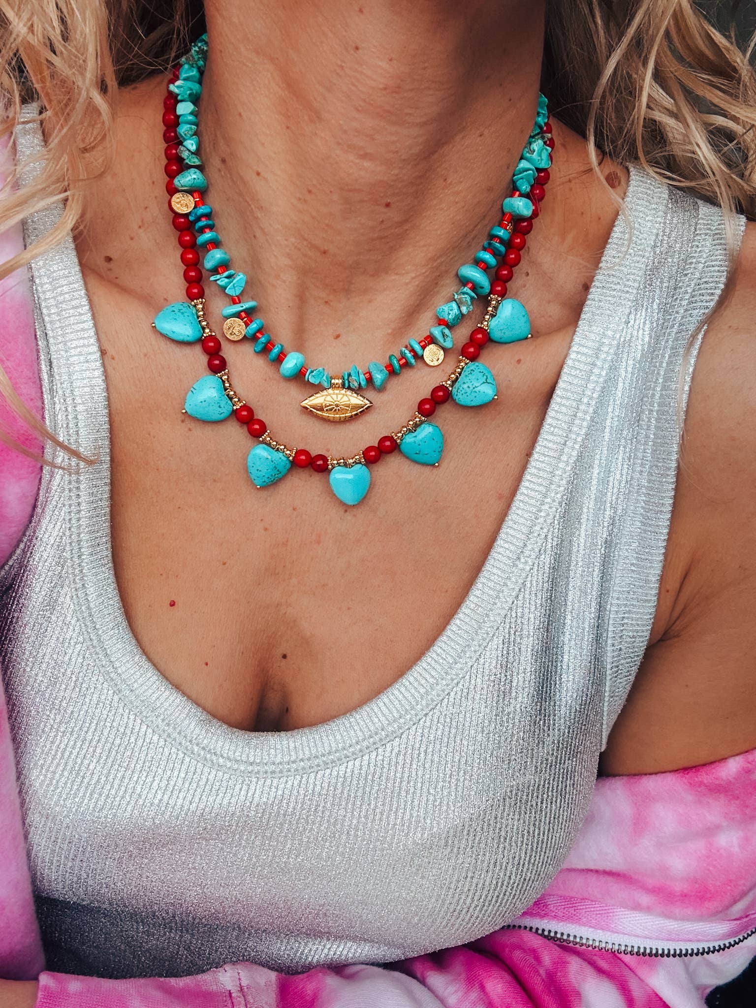 Goupi - Wholesale Beaded/Pearl Necklace - Turquoise & Red Howlite Necklaces – Layered Boho Jewelry2