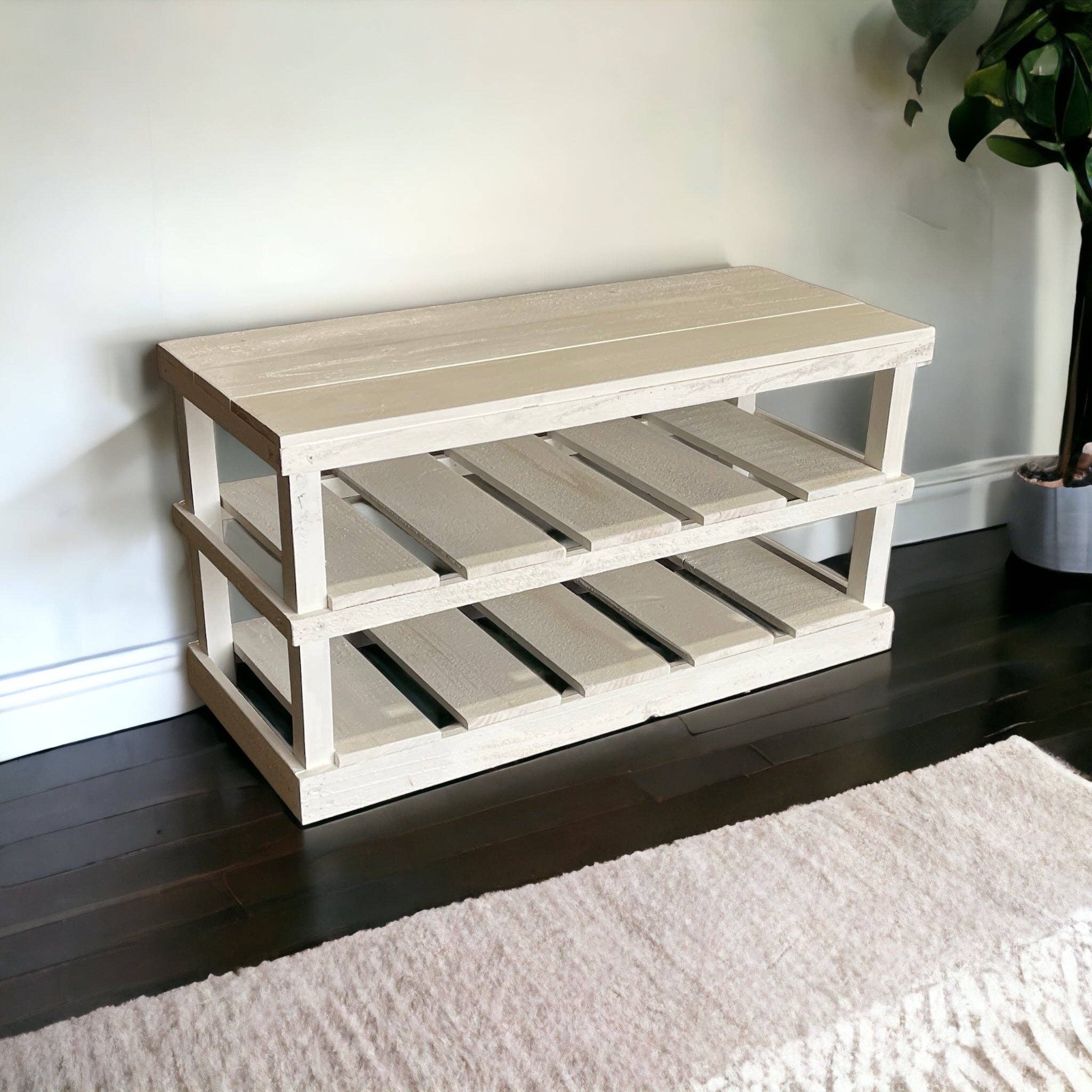 Intrinsic Haven - Vente Étagères à chaussures - Banc-rangement rustique en bois à deux étages pour chaussures10