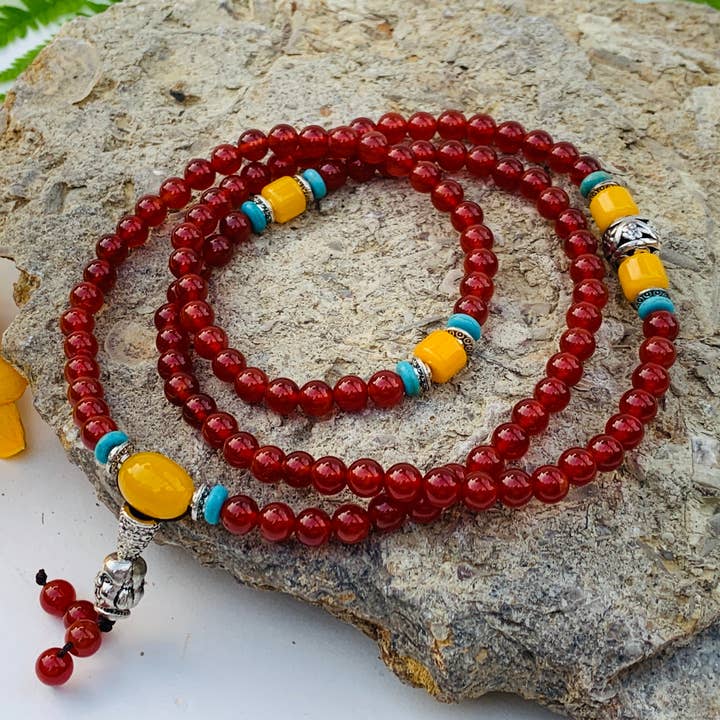 Lungta Imports - Wholesale Prayer Beads Necklace - Tibetan Buddhist Mala / Rosary 108 Glass Beads/ Tibetan Silver Spacers / Free Mala Pouch