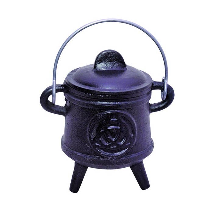 Tall Triquetra Cast Iron Cauldron w/ Lid + Handle (4.5 in.) for wholesale by Designs by Deekay Inc.