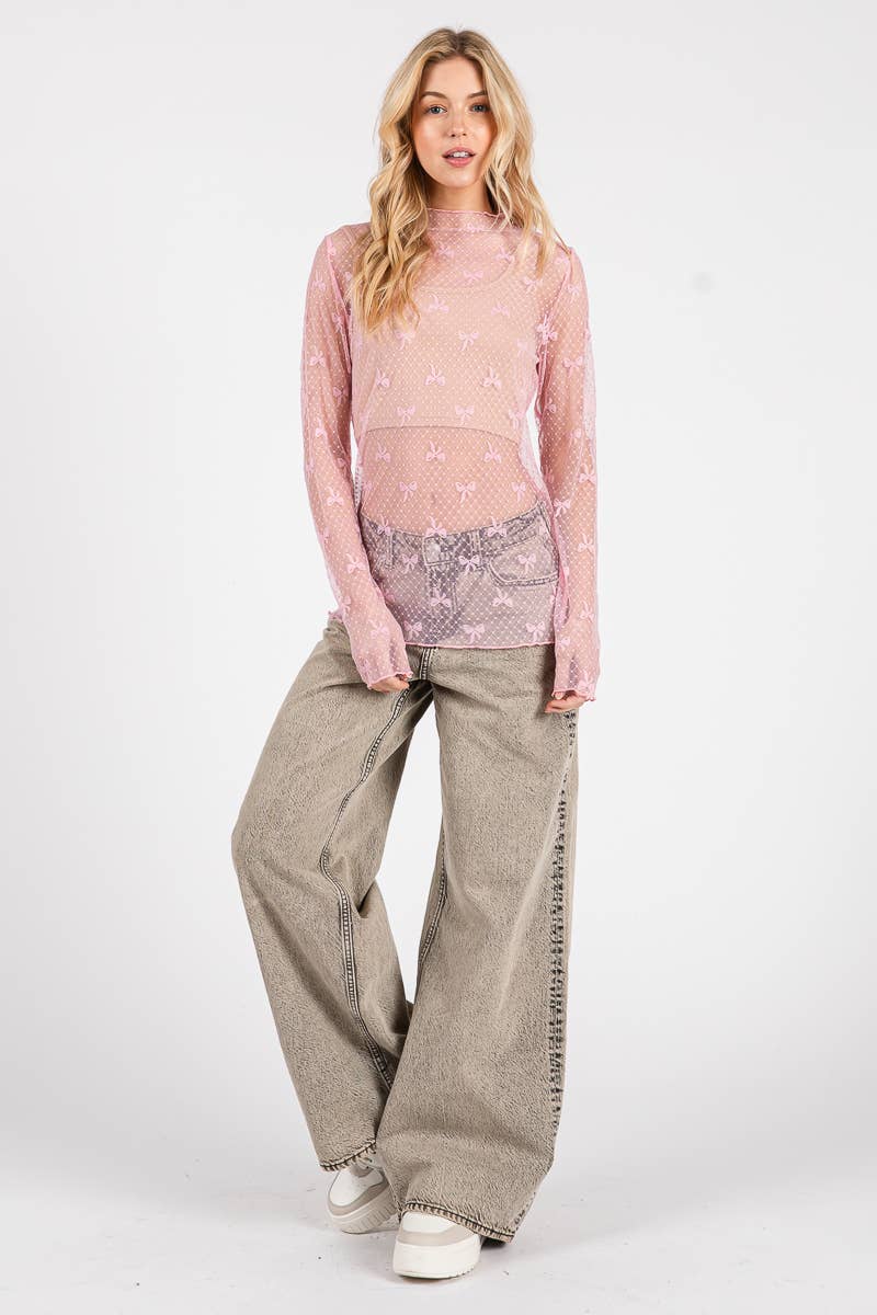 Sewn and Seen - Wholesale Blouse - Women's - BOW PRINT LONG SLEEVE LACE TOP 24