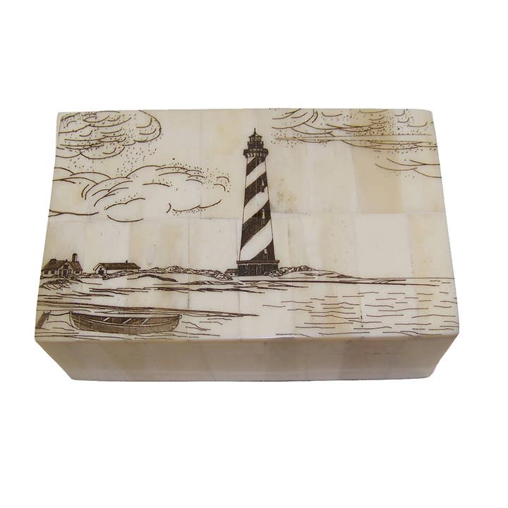 Cape Hatteras Lighthouse Engraved Scrimshaw Bone Box, 5-1/4” for wholesale by Madison Bay Co. - Historical Home Decor Reproductions
