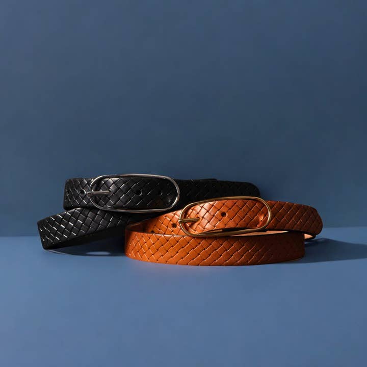 NAB LEATHER - Wholesale Belt - Women's - Aika - Tan Braided Embossed Leather Belt with Oval Buckle - Made in Canada