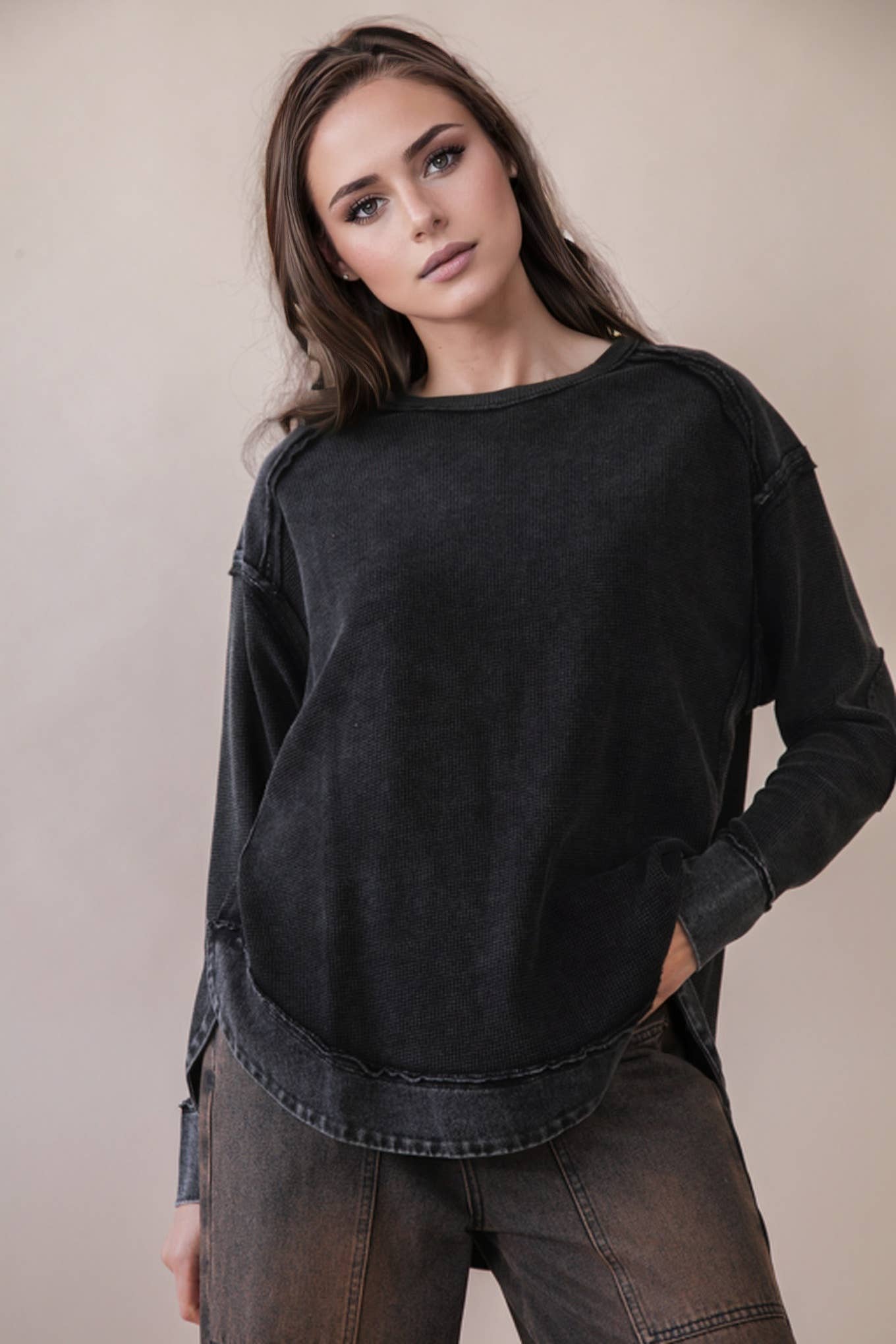 VERY J - Wholesale Knit Top - Women's - NT12234-Mineral Washed Elbow Patch Contrast Knit Top23