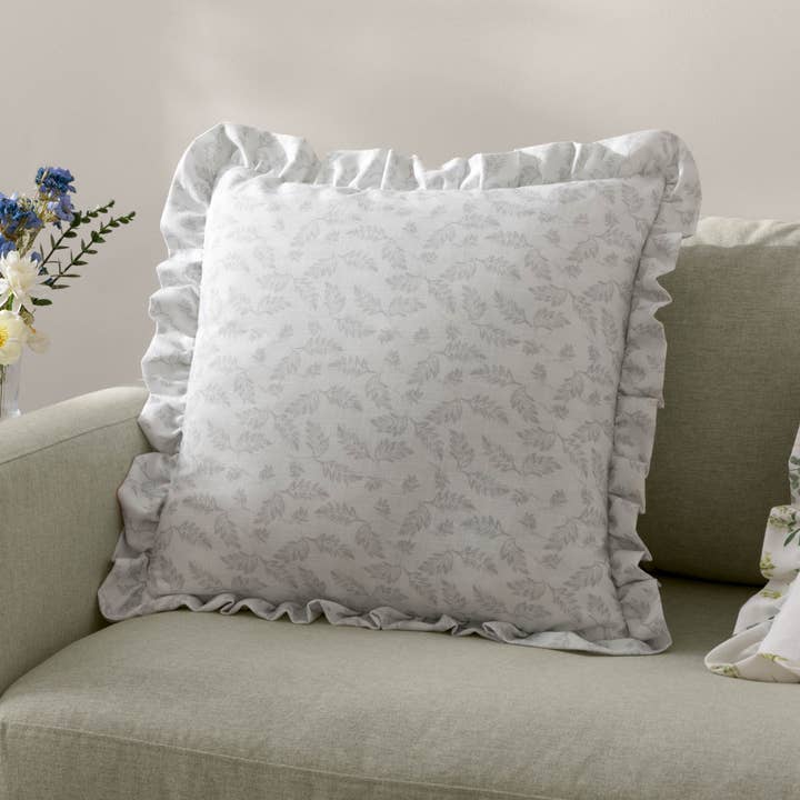 Chloe Printed Ruffle Cushion Soft White for wholesale by Riva Home