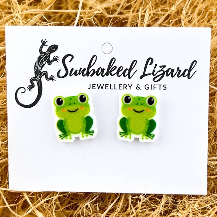 Bubbles the Green Tree Frog Studs for wholesale by Sunbaked Lizard Jewellery & Gifts