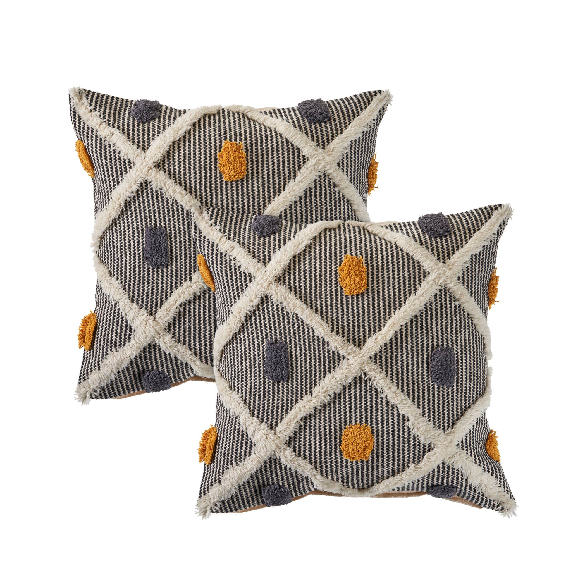 HomeRoots - Vendita all'ingrosso Cuscini decorativi - Set di due cuscini a righe nere e gialle con frange1