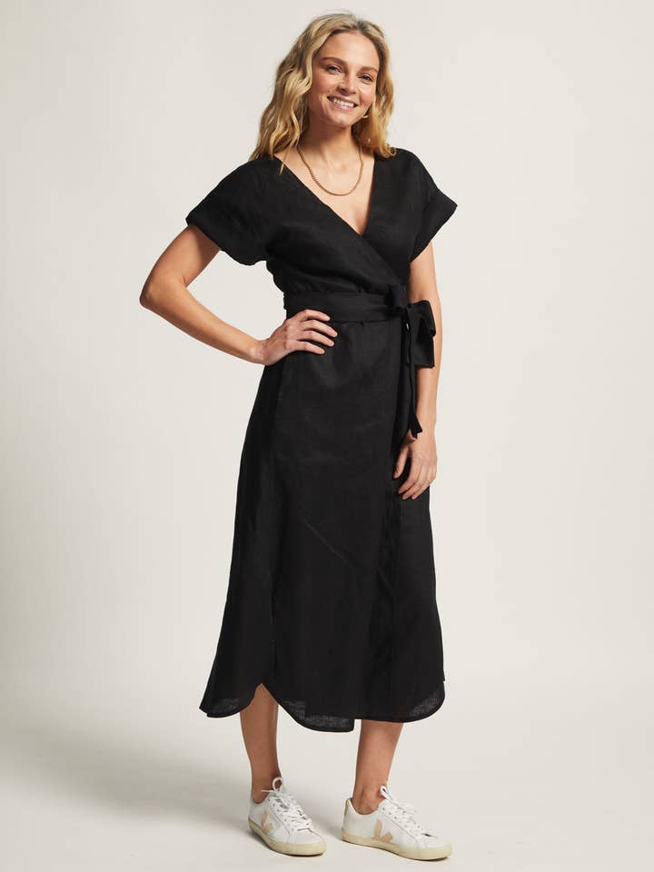 Corry | Linen Wrap Dress | Black for wholesale by Sitting Pretty