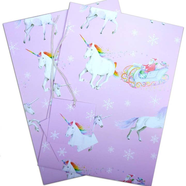 The Arty Penguin - Wholesale Flat Wrap - Unicorn and Santa Claus Christmas Gift Wrapping Paper