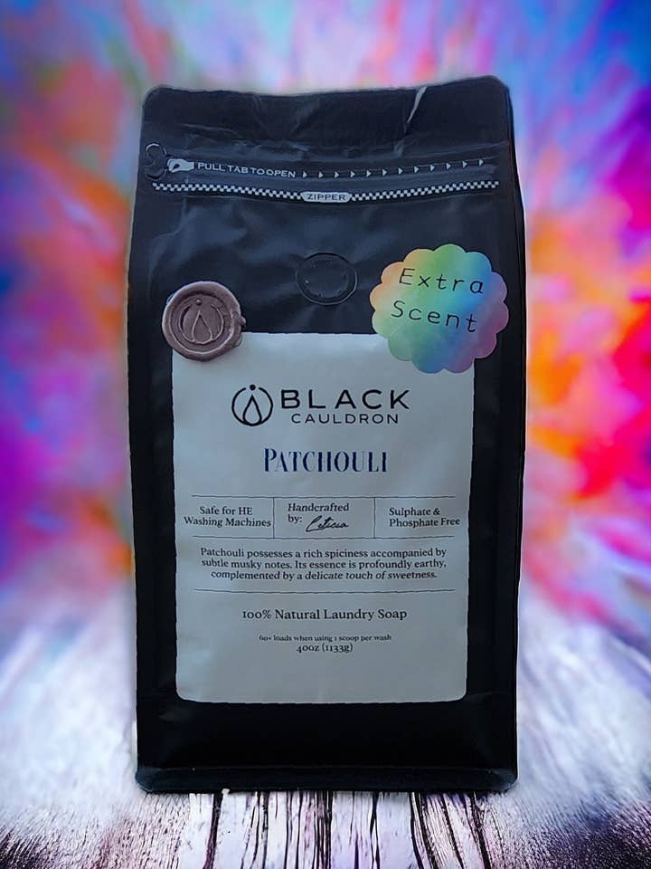 Patchouli Natural Laundry Soap Powder 40oz laundry detergent, clean clothes, clean laundry, phthalate free - Extra Stro for wholesale by Black Cauldron Soap Co.