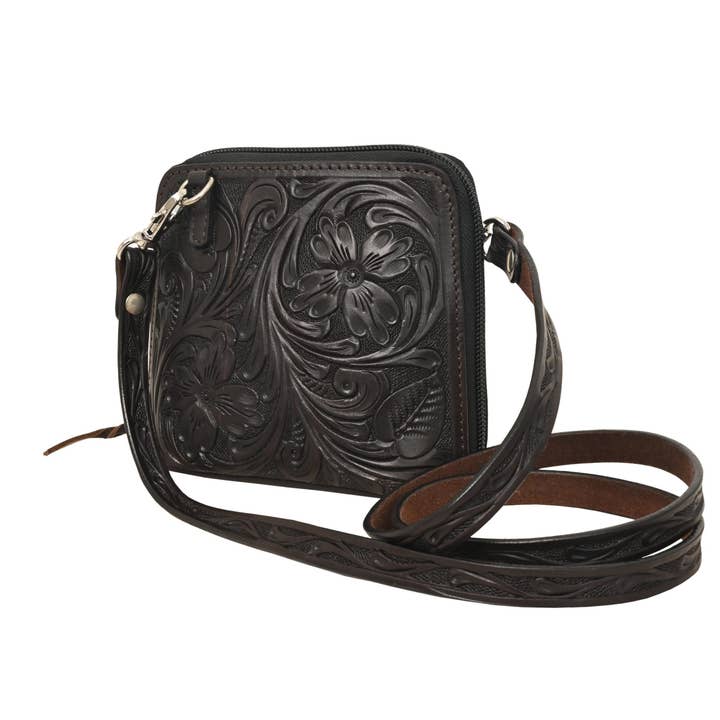 Mini Crossbody Bag With Floral Carving & Basket Tooling for wholesale by Rafter T Ranch Company