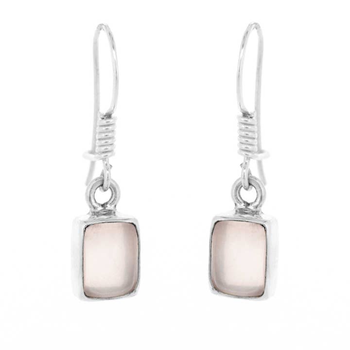 Rose Quartz Rectangle Drop Earring with Safety Catch and Box for wholesale by Nova Silver