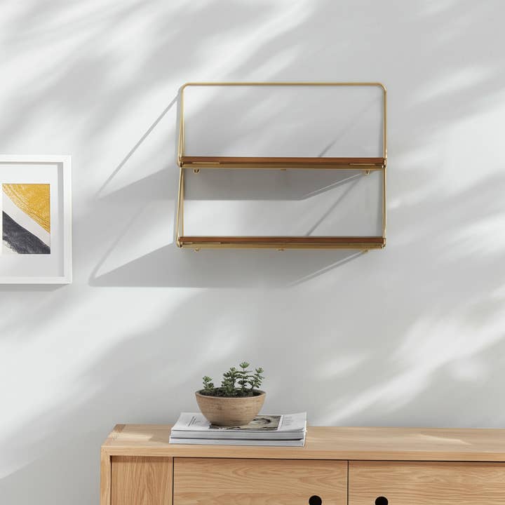 Metal Wood Wall Shelf with Dual-Tier Design - Gold, 20 in. for wholesale by Sagebrook Home