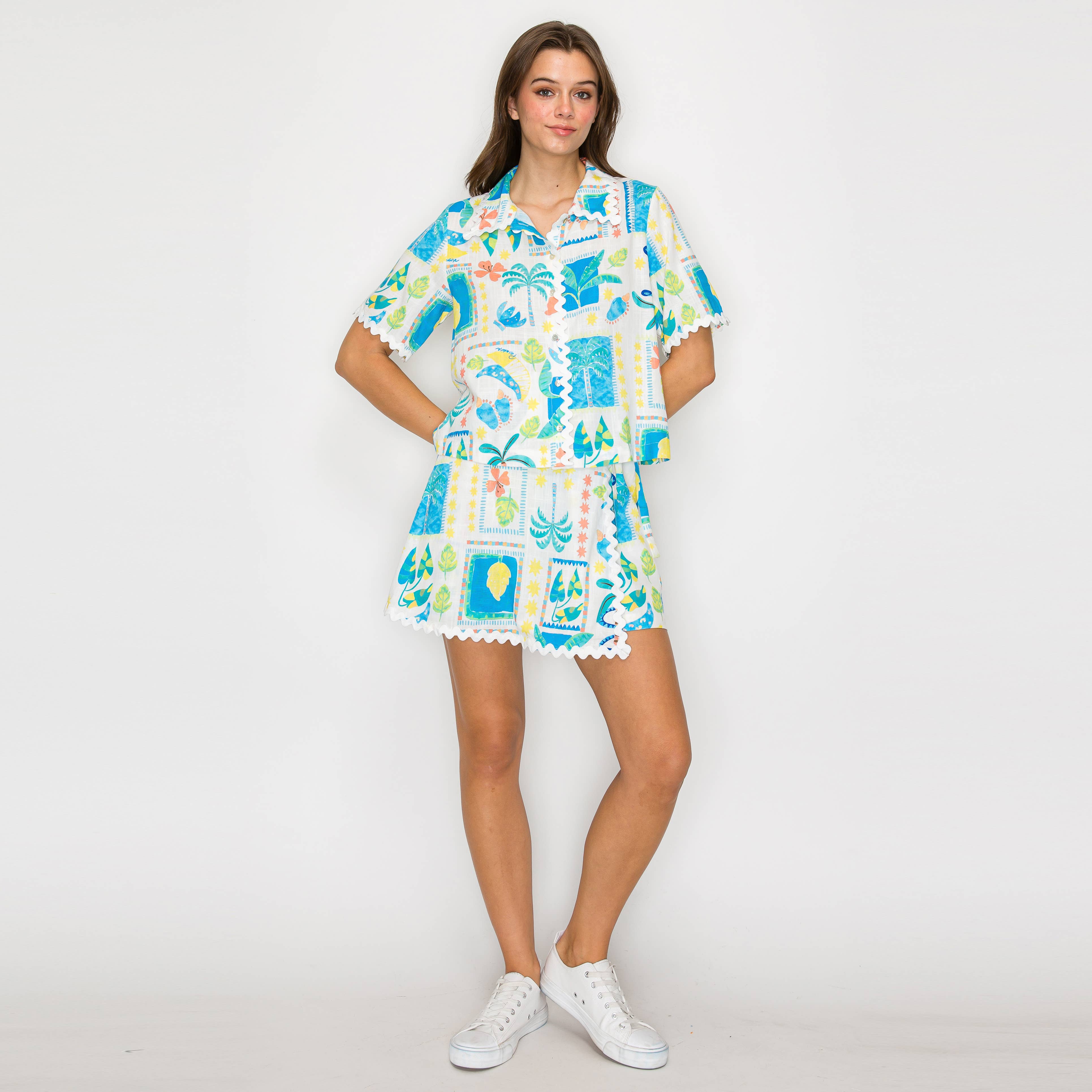 LoveWednesday - Wholesale Skort - Women's - Retro Blue Palm Tree Print Skort w/ Rick Rack trim - LWP13164