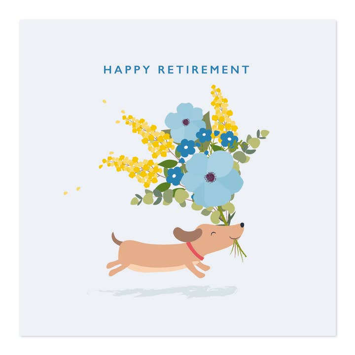 Happy Retirement Greetings Card | Little Dog with Flowers for wholesale by Klara Hawkins