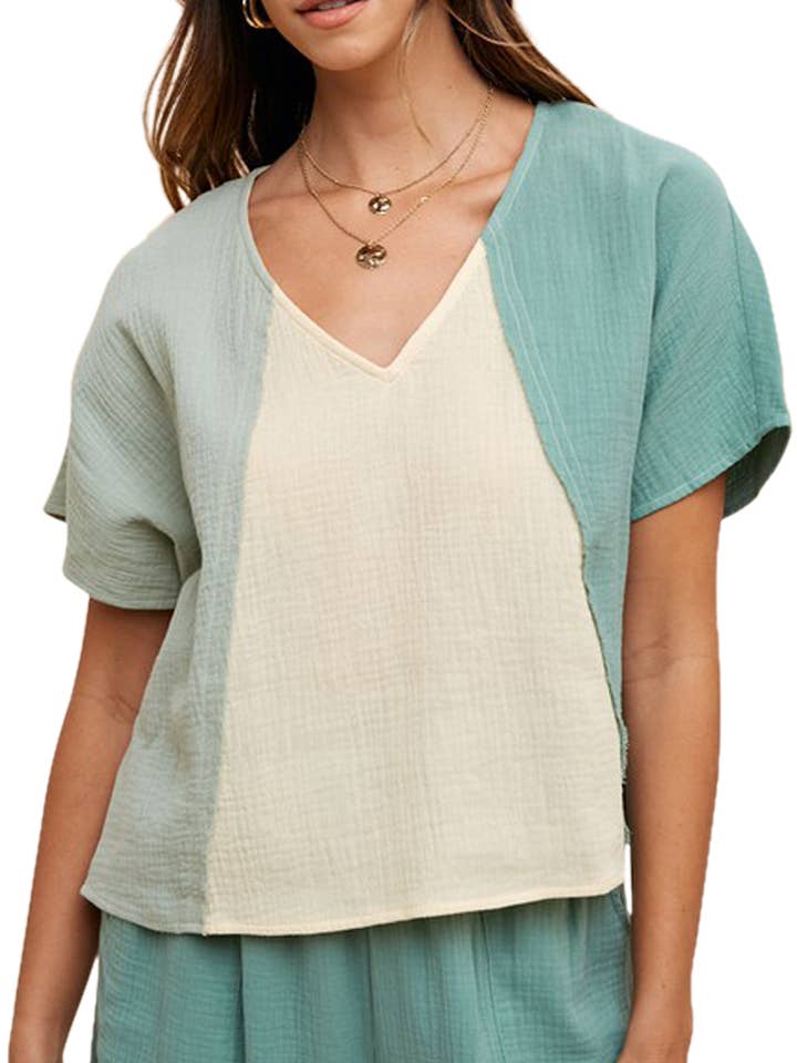 Top med farveblok bomuldsgasbind med V-hals for engroshandel hos Vanilla Monkey