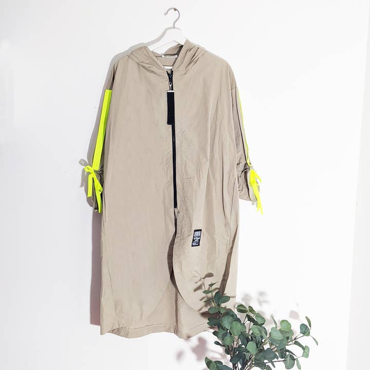 Longline lightweight hooded parka with neon element on sleeves (M) for wholesale by Tempest Designs