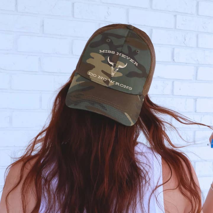 Miss Never Do No Wrong Trucker Hat – Two Tone Printed Hat | Funny Retro Hat for Women | Cute Summer Gift for wholesale by Swain Co. Embroidery & Press