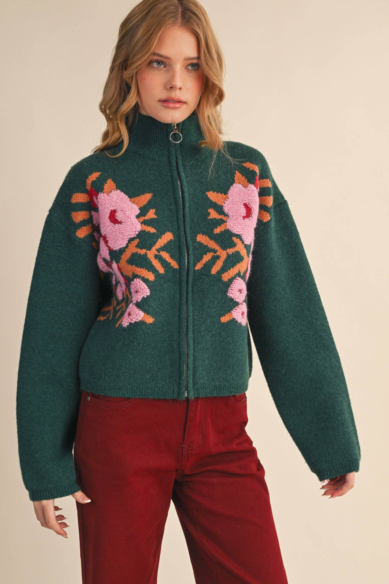 &MERCI - Wholesale Cardigan - Women's - FLORAL ZIP UP SWEATER CARDIGAN MSW1118852