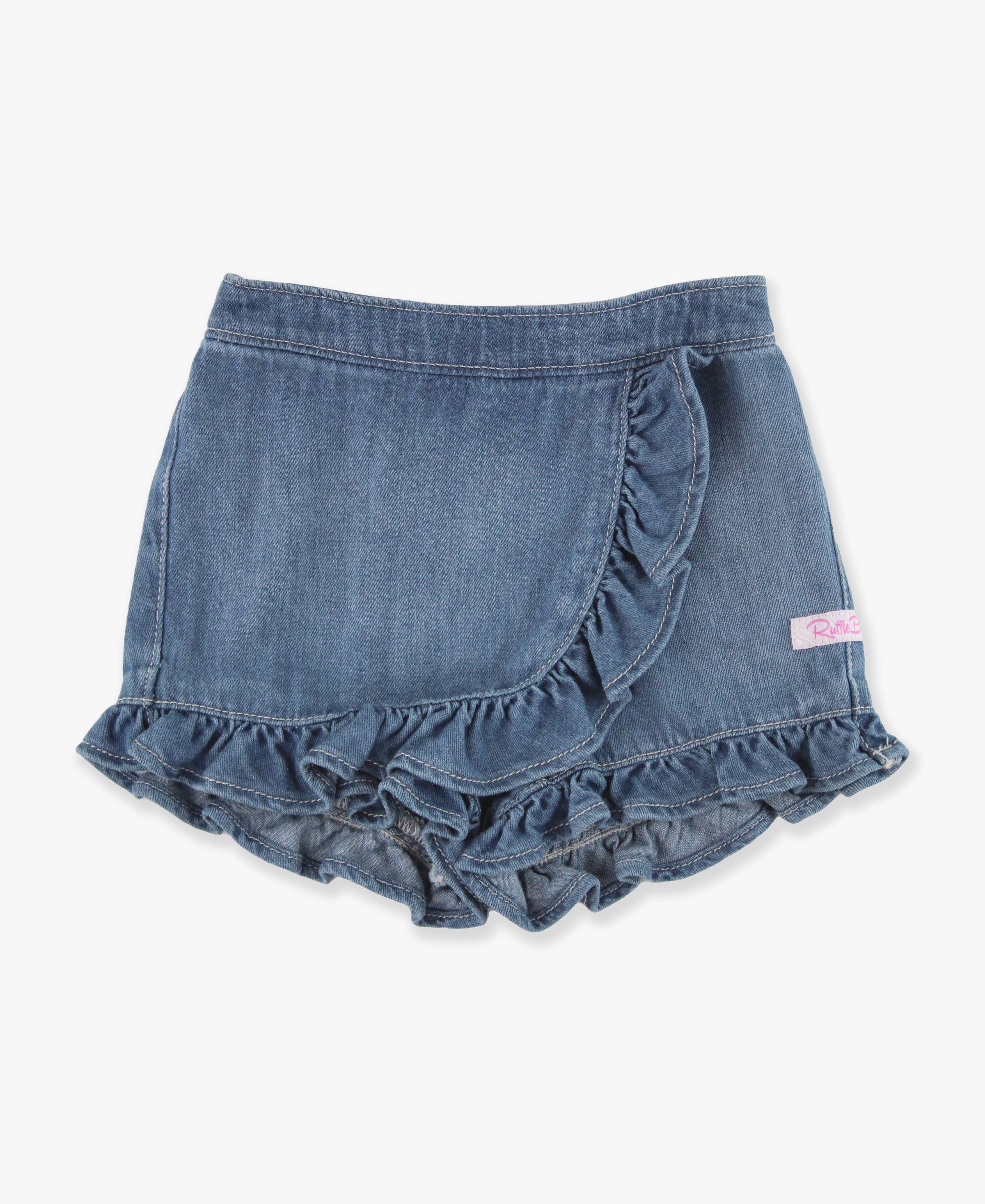 Blue Girls Light Wash Denim Ruffled Jean Skort for wholesale on Faire