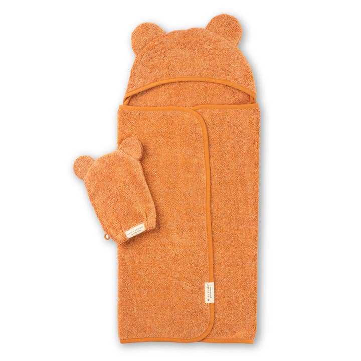 Hooded Towel + Wash Mitt Set Pumpkin for wholesale by Bella Tunno