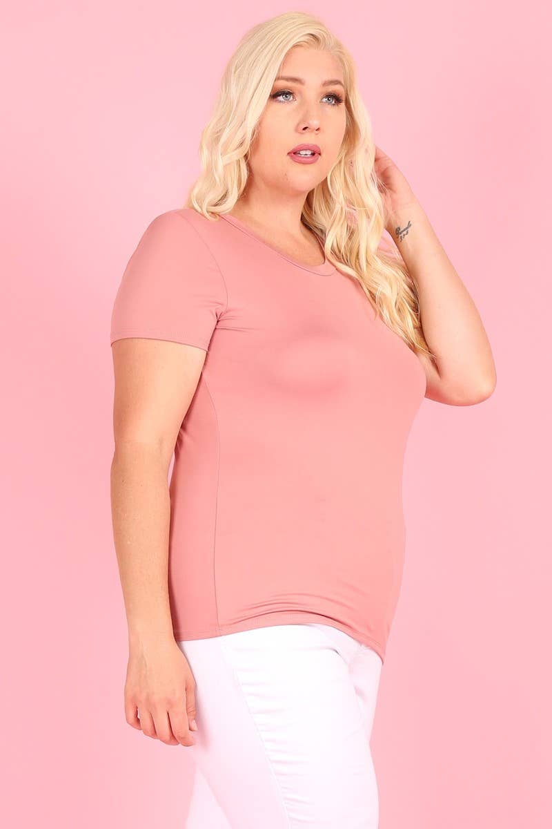 Bella Berry USA - Wholesale Blouse - Women's - PLUS SIZE: Solid fitted top, round neckline, short sleeves2