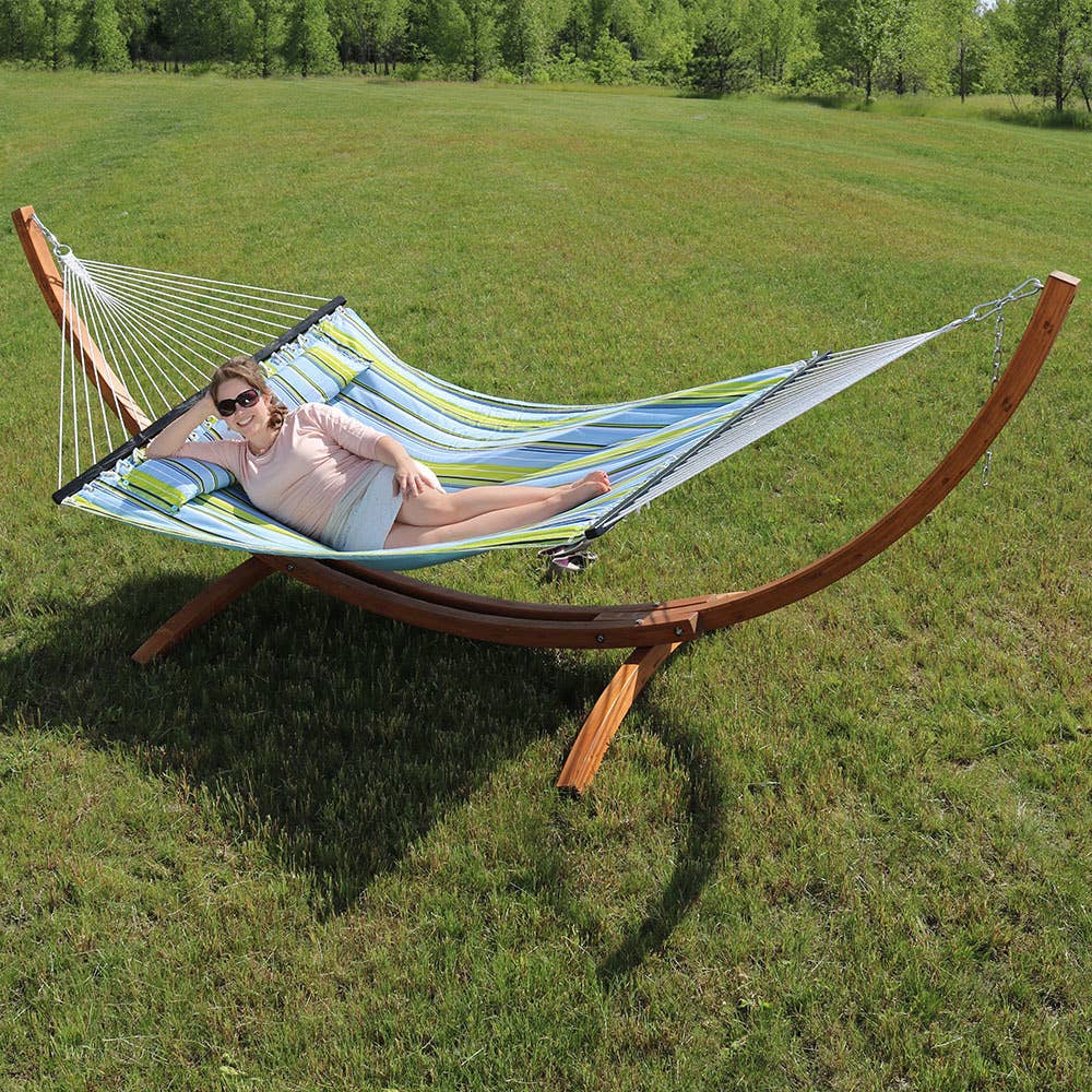 Sunnydaze Decor - Wholesale Hammock - 2-Person Hammock with Curved Wooden Stand - Blue/Green5
