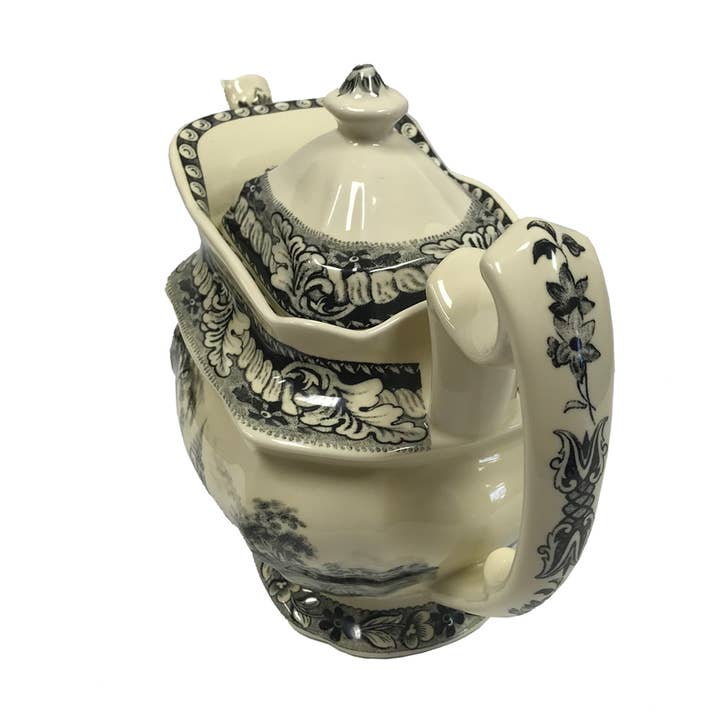 Madison Bay Co. - Historical Home Decor Reproductions - Wholesale Tea Pot - Pond Fishing Transferware Porcelain Teapot, 11"2