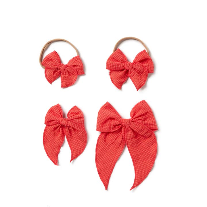 Seersucker Check Claire Sløjfe, Rød Appelsin for engroshandel hos Little Poppy Co