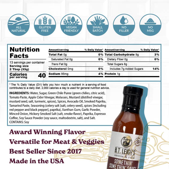 B.T. Leigh's Sauces & Rubs - Wholesale BBQ sauce - Somethin' Somethin' Sauce - Sweet & Tangy Barbecue Sauce - 15 oz Bottle3