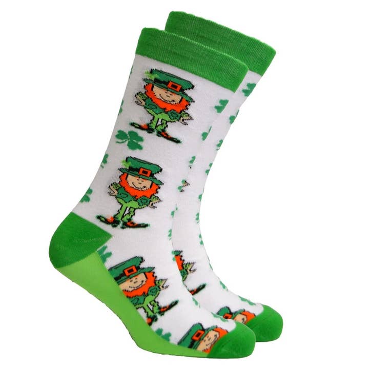 White/Green Leprechaun Shamrock Socks for wholesale by Dublin Gift Company