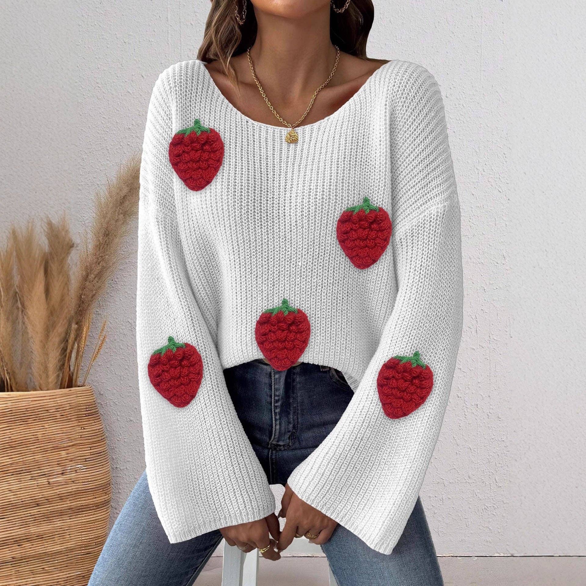 Masyal - Wholesale Knit Sweater - Women's - Off-shoulder Women's Sweater with 3D Strawberry Patchwork4