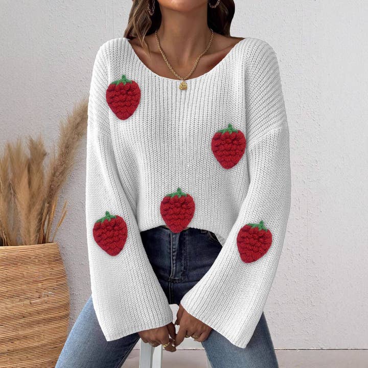 Masyal - Wholesale Knit Sweater - Women's - Off-shoulder Women's Sweater with 3D Strawberry Patchwork4
